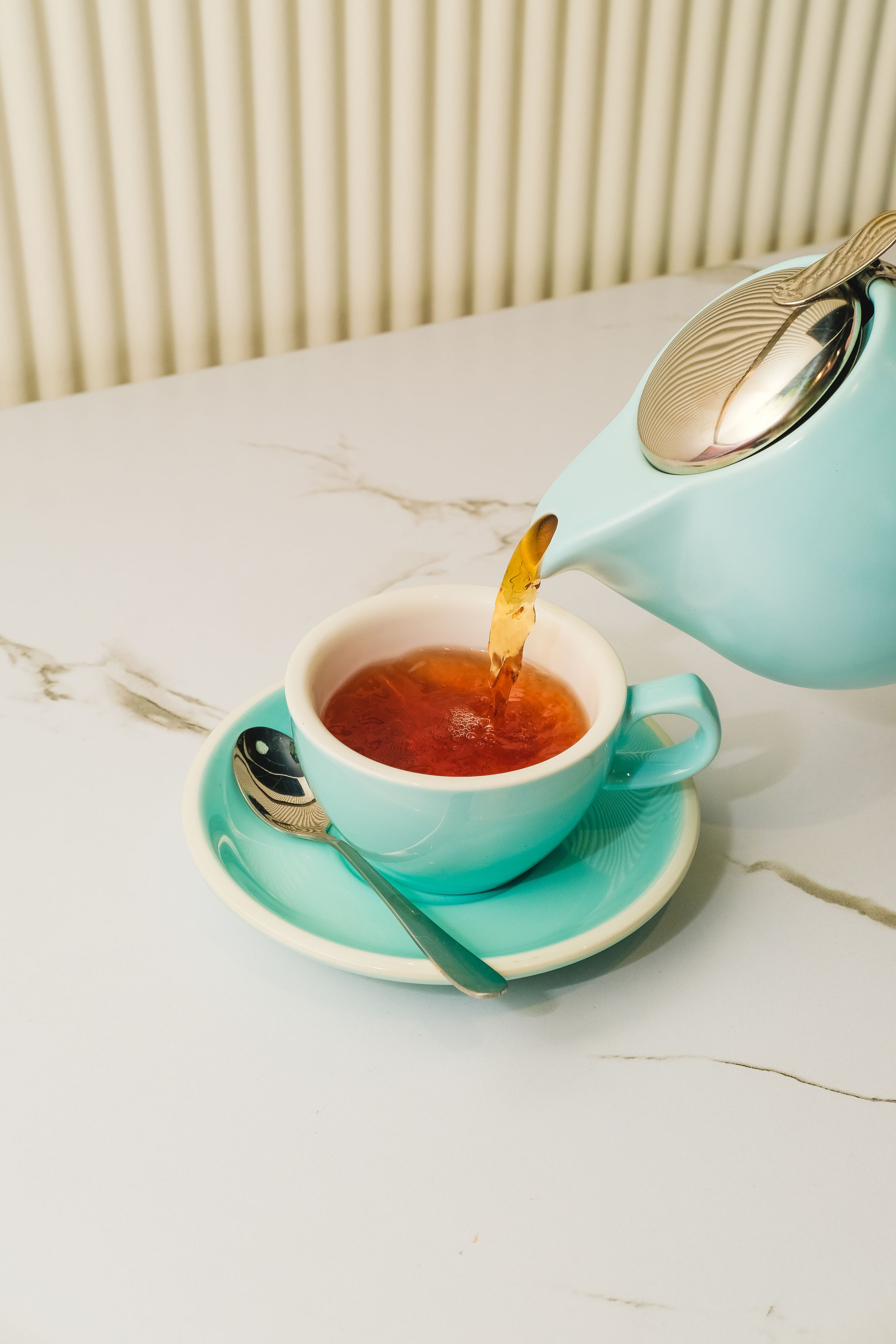 Flat white coffee in ceramic cup